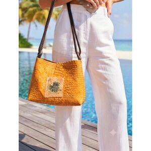 Sun and Sand Paul Brent Woven Straw Shoulder Bag Beaded Palm Frond Tropical Gold